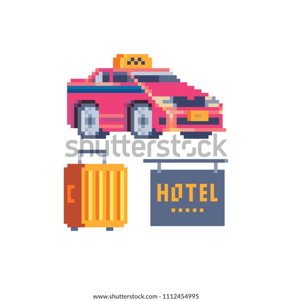Travel destination pixel art\
icon. Signboard hotel, suitcase and taxi car, isolated vector\
illustration. 8-bit.  Element design for mobile app, web, sticker,\
logo.