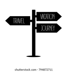 Travel destination pointer. Black and white flat icon of signpost. Travel, vacation, journey directions. Vector illustration isolated on white background