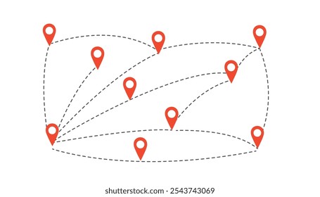 Reisezielpunkte auf weißem Hintergrund. Verfolgen Sie die Leitungen zu den Zielpins.