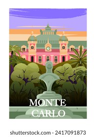 Travel Destination Poster. Architectural landmark or historic building of Monte Carlo. Summer vacation in Europe. Tourism and journey. Cartoon flat vector illustration isolated on white background