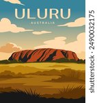 Travel destination poster. Banner with beautiful natural landscape of Uluru, Australia. Outdoor scenery with sand cliff, trees and desert at sunset. Tourism and journey. Cartoon vector illustration