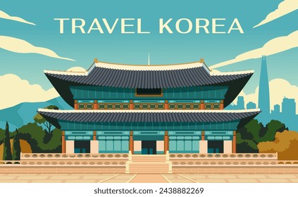 Travel destination poster. Banner of traditional asian building or architectural landmark. Journey to Korea. Tourism, trip or summer vacation. Visit Korean palace. Cartoon flat vector illustration