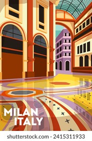 Travel Destination Poster. Beautiful cityscape with architectural landmarks and historical buildings of Milan. Vacation or holiday in Italian city. Journey to Europe. Cartoon flat vector illustration