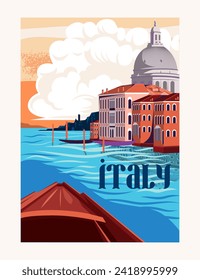 Travel Destination Poster. Beautiful cityscape of Italian city of Venice with canals and gondolas. European summer vacation or journey. Cartoon flat vector illustration isolated on white background