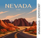 Travel destination poster. Beautiful landscape of Nevada, USA. Scenery with road between mountains and desert steppe. Tourism, Journey and Vacations. Design for guide. Cartoon flat vector illustration