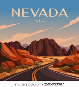 Travel destination poster. Beautiful landscape of Nevada, USA. Scenery with road between mountains and desert steppe. Tourism, Journey and Vacations. Design for guide. Cartoon flat vector illustration