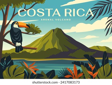 Travel destination poster. Beautiful natural landscape with tropical plants, exotic bird, sea and mountains of Costa Rica. Tourism, vacation and summer journey. Cartoon flat vector illustration