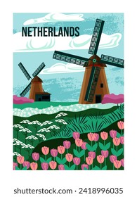 Travel Destination Poster. Beautiful natural landscape of Netherlands with flowering fields and mills. Tourism and summer vacation. Cartoon flat vector illustration isolated on white background