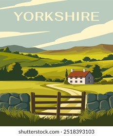 Cartaz de destino da viagem. Linda paisagem natural de Yorkshire na Grã-Bretanha. Paisagem rural com campos verdes, colinas, floresta e casa de aldeia. Turismo e viagem. Ilustração de vetor plano de desenhos animados