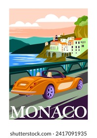 Travel Destination Poster. Cityscape of European city of Monaco and vintage car on seashore. Mediterranean vacation. Tourism and journey. Cartoon flat vector illustration isolated on white background