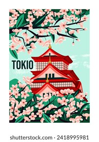 Travel Destination Poster. Colorful postcard with traditional Japanese architecture and cherry blossoms. Summer Journey and tourism. Cartoon flat vector illustration isolated on white background