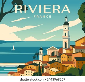 Cartel de destino de viaje. Banner publicitario de la Costa Azul. Hermoso paisaje con mar, playa y arquitectura tradicional europea. Turismo y vacaciones de verano. Ilustración de vector plano de dibujos animados