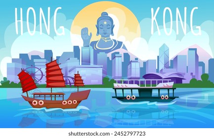 Cartel de destino de viaje. Paisaje urbano de Hong Kong con edificios altos, Grande estatua de Buda y bote chatarra flotando en el río. Ciudad con atracción turística. Viaje a Asia. Ilustración vectorial plana de dibujos animados