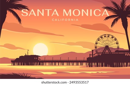 Travel destination poster. Landscape with silhouettes of palm trees, pier, Ferris wheel and sea waves at sunset. Scenery Santa Monica, California. Tourism and journey. Cartoon vector illustration