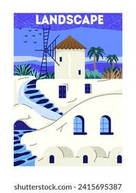 Travel Destination Poster. Natural Mediterranean landscape with traditional white buildings of Greek resort of Santorini. Summer Vacation. Cartoon flat vector illustration isolated on white background