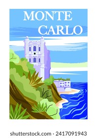 Travel Destination Poster. Paradise seascape with beach, historical building and green hills. Vacation in European resort of Monte Carlo. Cartoon flat vector illustration isolated on white background