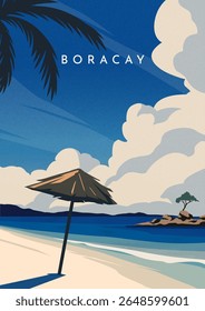 Cartaz de destino da viagem. Paraíso com praia arenosa, palmeira e ondas do mar Boracay, Filipinas. Linda paisagem natural. Turismo e viagem. Férias de verão. Ilustração de vetor plano