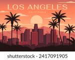 Travel destination poster. Postcard with landscape of American city of Los Angeles in California. Cityscape with skyscrapers, palm trees and sun. Tourism and vacation. Cartoon flat vector illustration