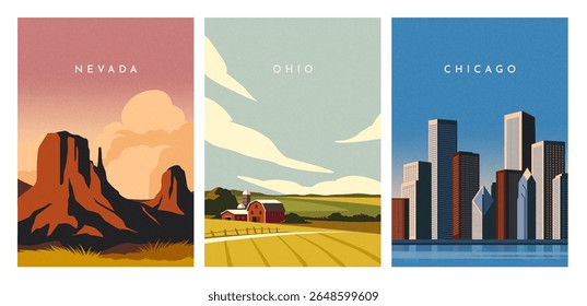 Travel destination posters. Set of natural and urban landscapes of different states of USA. Travel and journey to Nevada, Ohio and Chicago. Flat vector illustration collection isolated on background