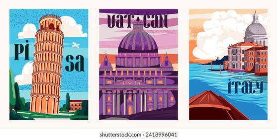 Travel Destination Posters Set. Postcard with Italy tourist attractions. Journey in Europe. Architecture of Pisa, Venice and Vatican. Cartoon flat vector illustrations isolated on white background