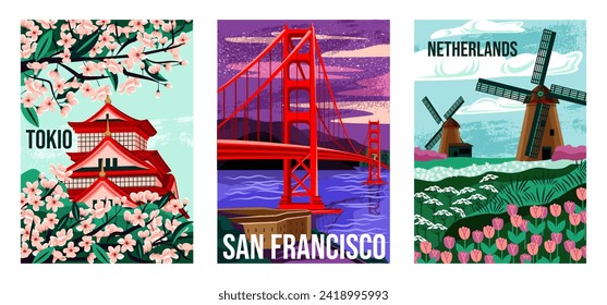 Travel Destination Posters Set. Travel postcards with landmarks of San Francisco, Japan and Netherlands. Journey and summer vacation. Cartoon flat vector illustrations isolated on white background