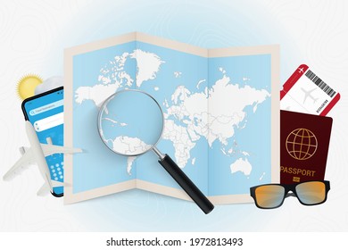 Travel destination Puerto Rico, tourism mockup with travel equipment and world map with magnifying glass on a Puerto Rico. Trip template.
