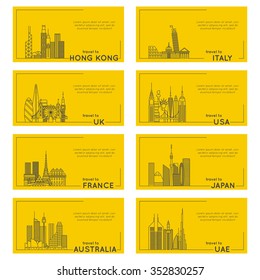 Travel Destination Quote Style Card Set. Banner Illustration Of Different Countries. Flat Line Modern Vector Collection. Hong Kong, Italy, UK, USA, FRANCE, JAPAN, AUSTRALIA, UAE