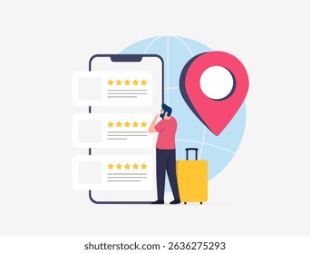 Travel destination rating system, global location reviews, user experience rankings. Interactive travel map pin feedback with stars. Tourist feedback platform flat vector illustration