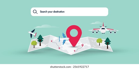 Travel Destination Search Illustration with Interactive Map Airplanes, Pin Markers, and Search Bar for Tourism and Navigation. Perfect for travel apps, websites, booking platforms, tourism campaigns