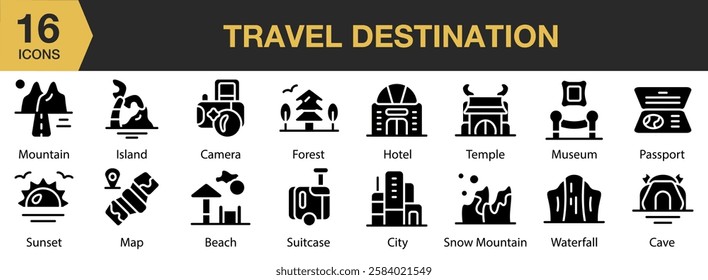 Travel Destination solid icon set. Includes travel, destination, architecture, vacation, summer, and More. Solid icons vector collection.