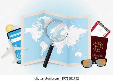 Travel destination Sweden, tourism mockup with travel equipment and world map with magnifying glass on a Sweden. Trip template.