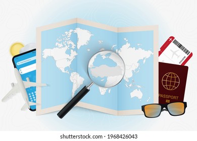 Travel Destination Turkey, Tourism Mockup With Travel Equipment And World Map With Magnifying Glass On A Turkey. Trip Template.