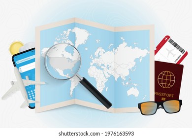 Travel destination USA, tourism mockup with travel equipment and world map with magnifying glass on a USA. Trip template.