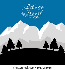 Travel destination vector background and template design with travel destinations Mountains. Let's go travel vector illustration.