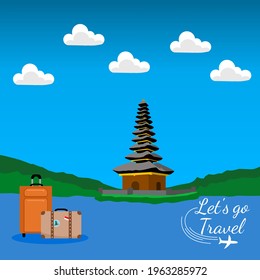 Travel destination vector background and template design with travel destinations Balinese temple. Let's go travel vector illustration.