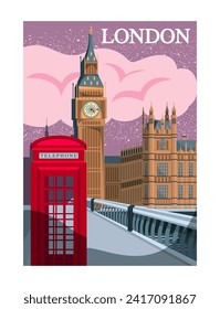 Reiseziel Vektor Poster. London Urban Architecture mit Big Ben und Westminster Abbey. Stadtlandschaft mit England Wahrzeichen. Cartoon-FlachVektorgrafik einzeln auf weißem Hintergrund