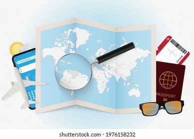 Travel destination Venezuela, tourism mockup with travel equipment and world map with magnifying glass on a Venezuela. Trip template.