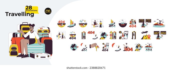 Travel destinations 2D linear illustration concepts bundle. Diverse people travelers cartoon characters isolated on white. Getaway vacation 404 error, abstract flat vector outline graphic collection