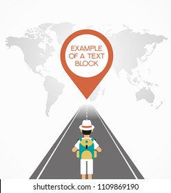 Travel destinations concept. Template Background Flat Vector Illustration. The man on the road in front of the addressee's icon