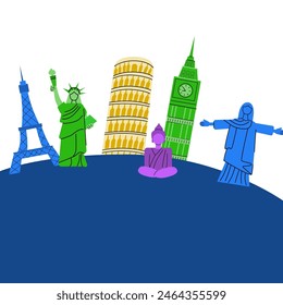 Travel destinations Europe, Asia and America famous elements. Statues and building for landmark posters, cover design.