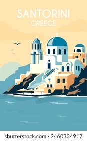 Travel destinations Greece, Santorini. Postcard, poster printable template