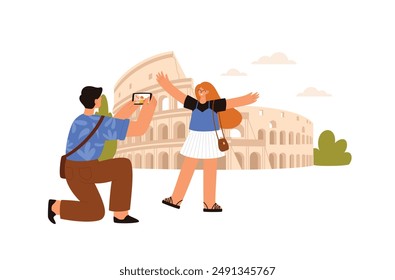 Travel destinations Italy. A man make photo of a woman near Rome Coliseum. Summer travel destinations Europe. Flat style vector illustration