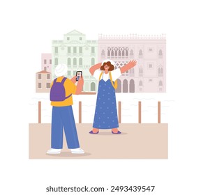 Destinos de viaje Italia. Un hombre fotografía a una mujer con el palacio Ca' d'Oro en Venecia. Destinos de viaje de verano Europa. Ilustración vectorial de estilo plano