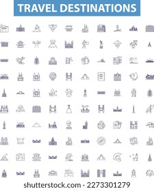 Travel destinations line icons, signs set. India, Mexico, France, Japan, Italy, Thailand, Spain, Canada, Morocco outline vector illustrations.