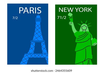 Travel destinations Paris and New York posters set with famous outside elements.