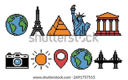 Travel destinations pixel icon set. explore the world with pixel art icons collection