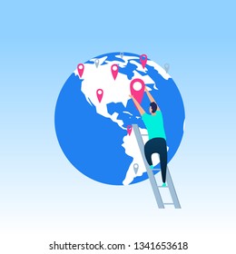 Travel Destinations Planning, Developing Business Network, Worldwide Delivery Service Flat Vector Concept with Man Climbing on Ladder, Putting New Checkpoint or Pinpoint on World Globe Illustration