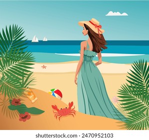 Verano, chica en la playa, mirando al mar, Ilustración vectorial, turismo, estilo llano, junio, julio, agosto