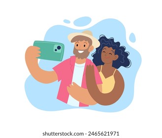 Destinos de viaje en verano. Pareja feliz tomando un selfie con un teléfono inteligente. Ilustración vectorial de conceptos