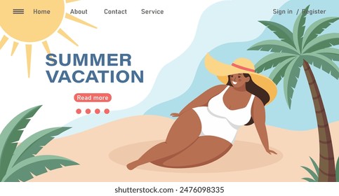 Travel destinations summer landing page. Happy woman in a swimsuit sunbathing. Beach holiday concept illustration. Vector